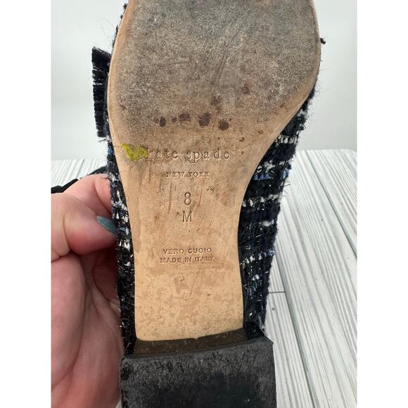 Kate Spade Blue Gino Tuxedo Tweed Loafer Heels Women’s 8M Black Bow Chunky Heel - Picture 9 of 10